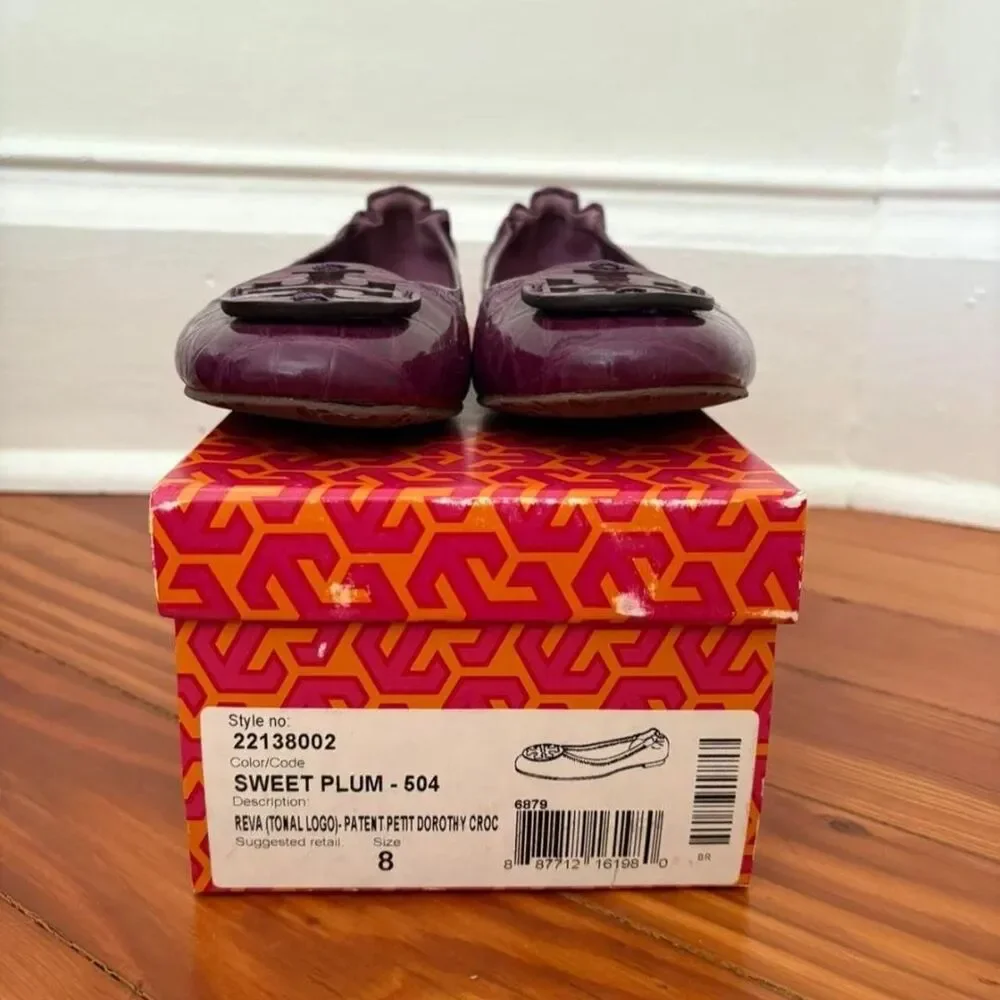 Tory Burch Reva Tonal Logo Patent Petit Dorothy Croc Ballet Flats in Sweet Plum